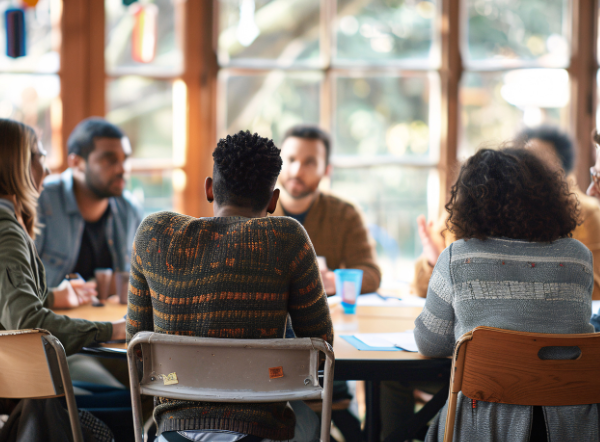 Group around a table talking